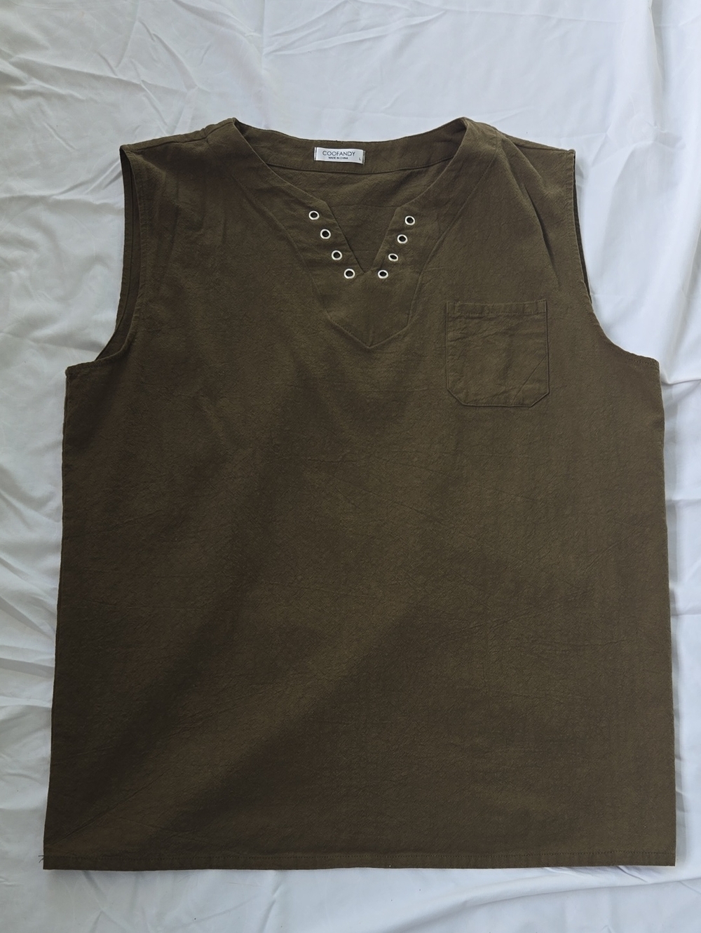 Men's Cotton V Neck Sleeveless Shirt With Small Pocket, Size L Olive Green